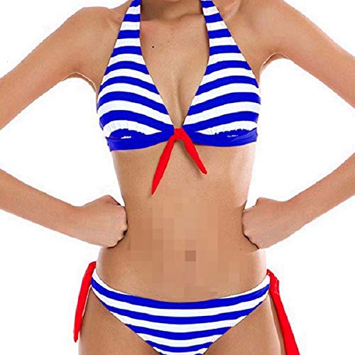 UMIPUBO Traje de baño de Las Rayas de Las Mujeres Traje de baño Atractivo del Halter Acolchado Caliente Bikini (X-Large, Azul)