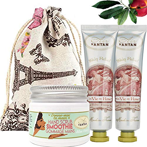 Un Air d’Antan Caja Regalo Mujer 1 Exfoliante Manos 50ml, 2 Cremas Manos Hidratante ROSE con Manteca de Karite y Aceite de Almendras, Perfume Melocotón Rosa, Navidad Regalo Mujer Originales Cumpleaños