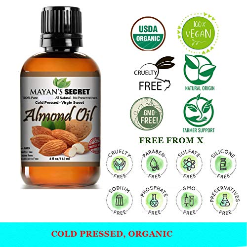 Unrefined Sweet Almond Oil |USDA Certified Organic | Cold Pressed | Hexane Free | Natural Moisturizer |Great For Hair, Skin & Nails | Carrier Oil | Great To Dilute Essential Oils Mayan's Secret