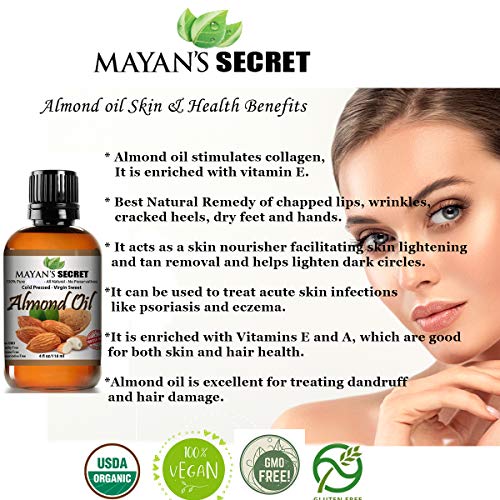 Unrefined Sweet Almond Oil |USDA Certified Organic | Cold Pressed | Hexane Free | Natural Moisturizer |Great For Hair, Skin & Nails | Carrier Oil | Great To Dilute Essential Oils Mayan's Secret