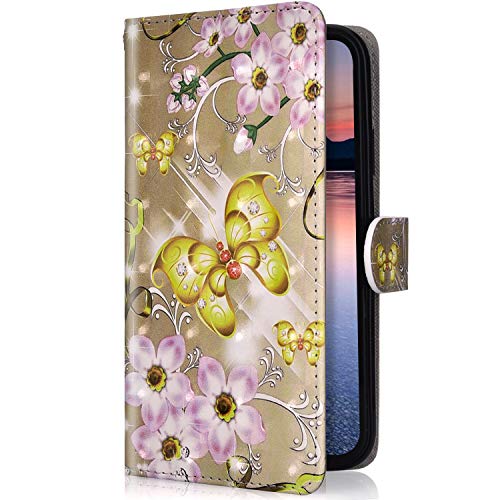 Uposao Compatible para Samsung Galaxy S7 Funda Piel PU Cuero Libro Flip Cover con Tapa,Glitter Brillante Purpurina Cubierta Billetera Soporte Plegable Ranura Tarjeta,Cierre Magnético,Mariposa,oro