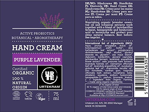 Urtekram - Crema de manos de lavanda morada orgánica, con probióticos activos, 75 ml