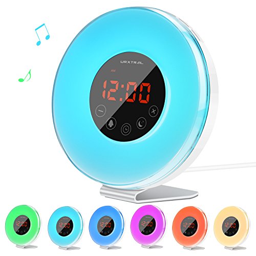 URXTRAL Wake Up Luz Sunrise Simulación Despertador Función Snooze para despertar UP lámpara de noche Luz de noche con la simulación de puesta del sol y la radio FM 7 luces cambiando