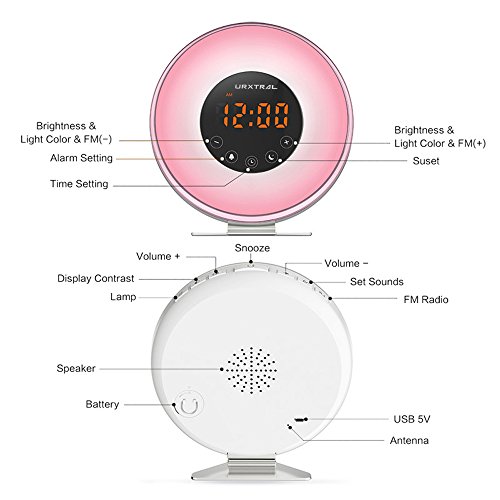 URXTRAL Wake Up Luz Sunrise Simulación Despertador Función Snooze para despertar UP lámpara de noche Luz de noche con la simulación de puesta del sol y la radio FM 7 luces cambiando