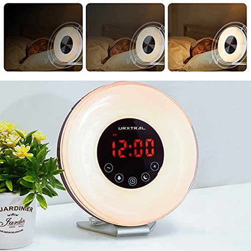 URXTRAL Wake Up Luz Sunrise Simulación Despertador Función Snooze para despertar UP lámpara de noche Luz de noche con la simulación de puesta del sol y la radio FM 7 luces cambiando