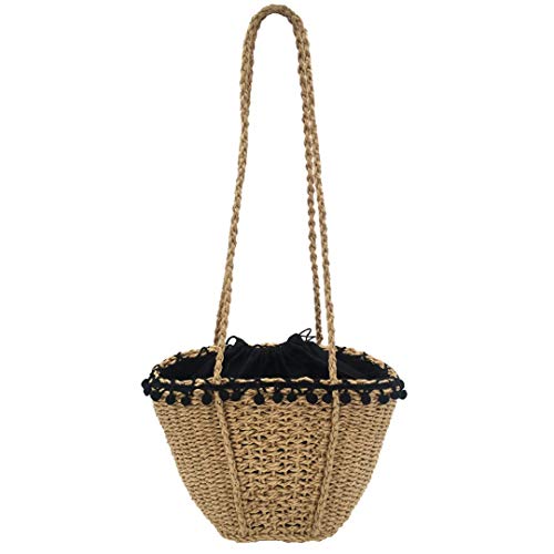 VADFLOD Bolso de Playa de Paja de Bohemia Hecho a Mano Bolsas de Hombro Femeninas Tejidas Bolso de Punto de Verano Cesta con cordón Bolsa de Mensajero, Bolso marrón, One_Size