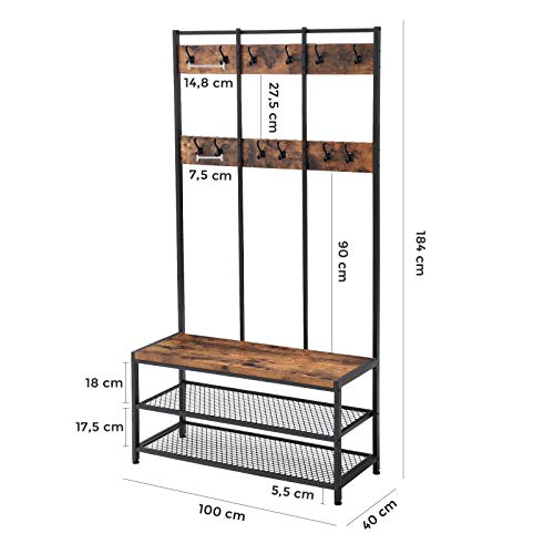 VASAGLE Perchero Grande para Abrigos, con 12 Ganchos y Banco de Zapatos, Diseño Industrial, Estante Multifuncional para Pasillo, Oficina, Dormitorio, Marco de Acero, Marrón Rústico y Negro HSR86BX