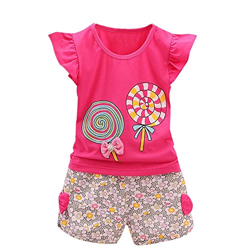 VECDY Conjuntos Bebé Niña, 2pcs Niños Bebés Niño Camiseta Mangas Cortas Ropa Lolly Tops Y Pantalones Verano Ropa Conjunto Impresión Floral Suave Ropa Pequeños Niños(Hot Rosa,2-3Años)