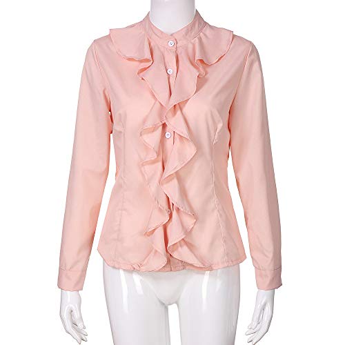 Vectry Blusa para Mujer，De Color Sólido，con Manga Larga，Blusa De Color Liso，con Botones，con Cuello De Pie， Blusa con Volante (Rose, S)