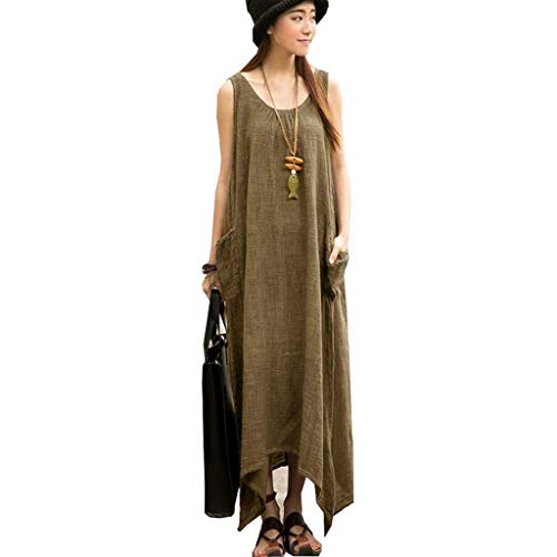 VEMOW Faldas Mujer Vestido Blusas Tops Lino de algodón sin Mangas Estilo Boho de la Vendimia Irregular Vestido(Ejercito Verde,5XL)