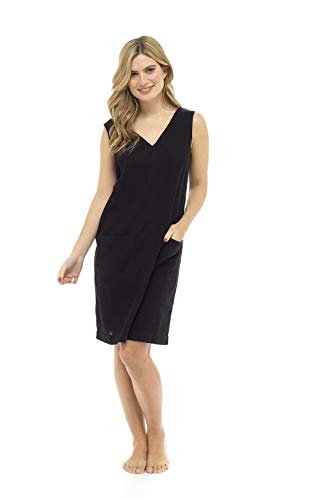 Vestido Recto de Lino de Verano para Mujer Sin Mangas con Cuello en v hasta la Rodilla Corte Suelta túnica con Cintura Natural y 2 Bolsillos Delanteros EU 38-52 (46, Negro)