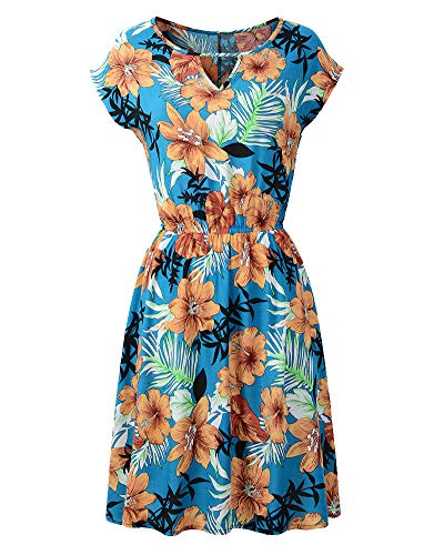 Vestidos Mujer Bohemia Cuello Redondo Verano Vestidos de Playa Manga Corta Falda Midi Sexy Elegante y Comodo Dress para Playa Casual Azul Claro L