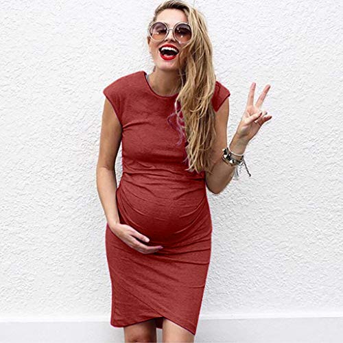 Vestidos para Mujer sin Mangas Moda Costura Dobladillo Ropa premamá Mamá Moda Color Sólido Cuello Redondo Falda de Verano Vestido de Maternidad MMUJERY