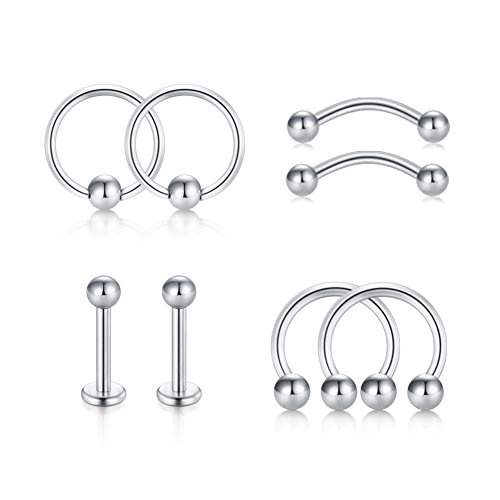 VF VFUN 16G Piercing Oreja Tragus Piercing Nariz Labio Ceja Ombligo Anillo Curvados Piercing Helix Cartilago Acero Inoxidable 8 Piezas Plata