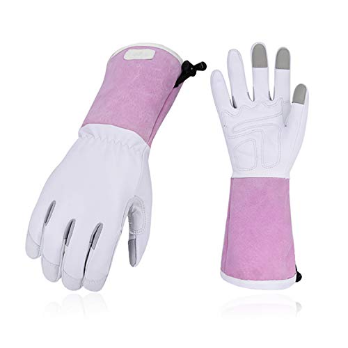 Vgo Guantes de Jardinería de Cabra Extralarga de Alta Calidada,a Prueba de Espinas(Talla M,Blanco,GA1013)