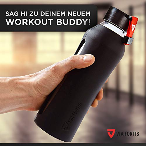 VIA FORTIS® Botella de cristal con funda de silicona de alta calidad – Botella para deporte, fitness, gimnasio, bicicleta y oficina – Resistente a roturas y sin BPA – 550 ml