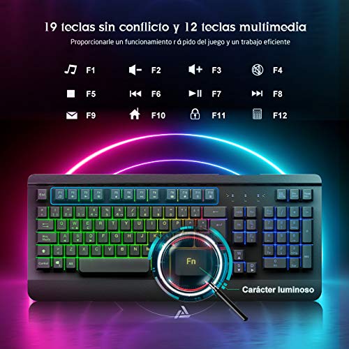 VicTsing Teclado Gaming LED, Teclado y Ratón para Juegos con Cable, Rainbow Retroiluminación con 12 Teclas Multimedia y 19 Teclas Anti-ghosting, Raton Gaming Programable 6 Botón dpi 3200 Ajustable