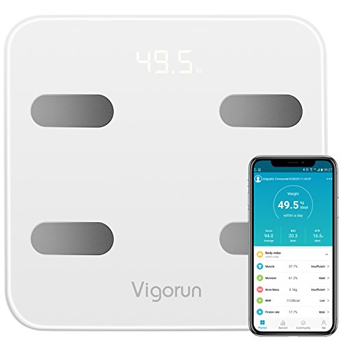 Vigorun Báscula de Baño, Bluetooth Báscula Digital Grasa Corporal con 17 Indicadores de Medición Inteligente Balanza Peso Baño con APP para Músculo, IMC, BMR, Tasa de proteína, Masa Ósea, max 180kg