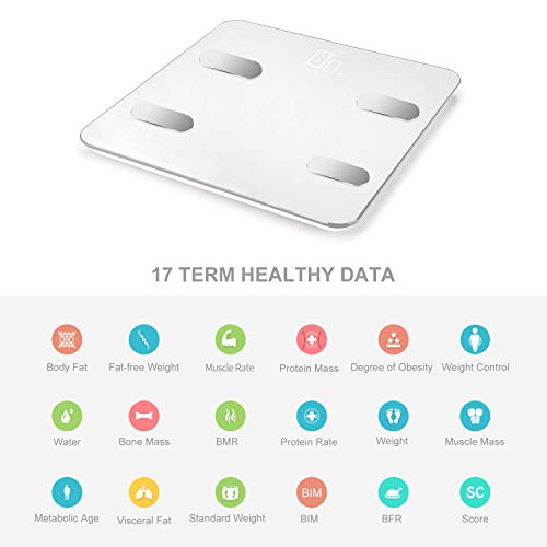 Vigorun Báscula de Baño, Bluetooth Báscula Digital Grasa Corporal con 17 Indicadores de Medición Inteligente Balanza Peso Baño con APP para Músculo, IMC, BMR, Tasa de proteína, Masa Ósea, max 180kg