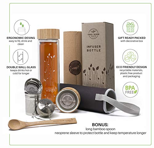 Vireo Botella Térmica de Cristal Té - Infusor de Pared Doble de Vidrio - Filtro Colador y Tapa de Acero Inoxidable - Diseño de Bambú Ecológico - Estuche de Transporte y Almacenador de Té Suelto