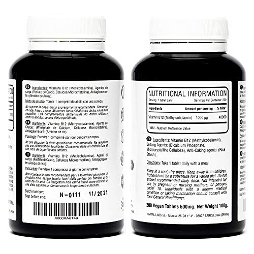 Vitamina B12 Metilcobalamina 1000 mcg | 200 comprimidos (Más de 6 meses de suministro) | Contribuye a la formación de glóbulos rojos, reduce el cansancio y la fatiga, y mejora el sistema inmunológico.