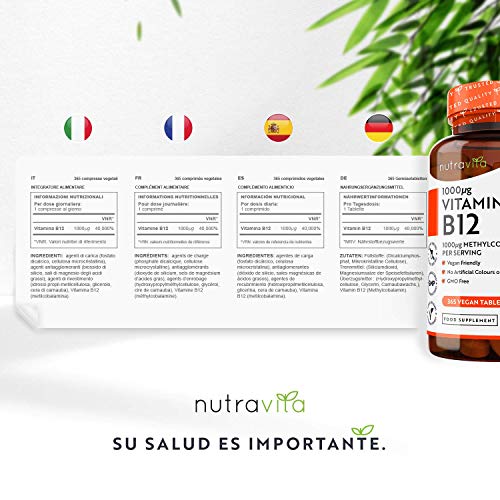 Vitamina B12 Vegana 1000mcg Alta Potencia - 365 Comprimidos Vegana (Suministro de 12 Meses) - Contribuye a la Reducción del Cansancio y la Fatiga - Hecho en el Reino Unido por Nutravita