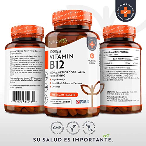 Vitamina B12 Vegana 1000mcg Alta Potencia - 365 Comprimidos Vegana (Suministro de 12 Meses) - Contribuye a la Reducción del Cansancio y la Fatiga - Hecho en el Reino Unido por Nutravita