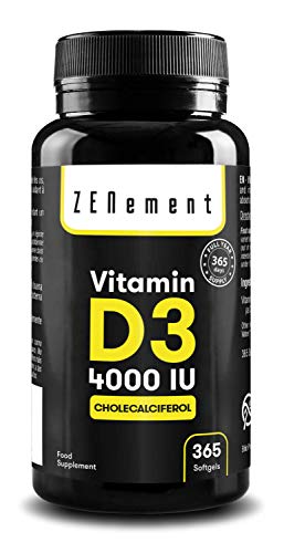 Vitamina D3 4000 UI, 365 Perlas | Vitamina D Natural (Colecalciferol) | con Aceite de Oliva | 1 Año de suministro | Huesos, músculos y sistema inmunológico | Sin Gluten, Sin Aditivos | de Zenement