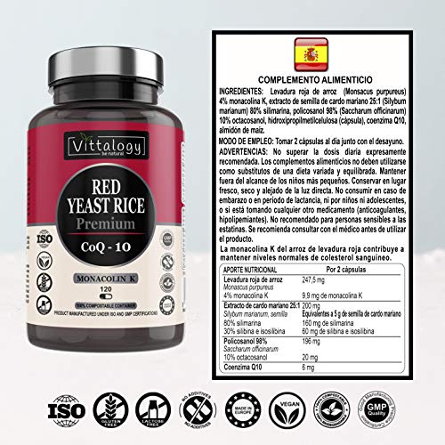 Vittalogy Red Yeast Rice Premium. Levadura de Arroz Rojo Con Coenzima Q10. Reduce el Colesterol. Alto Contenido En Monakolina K Con Extracto de Cardo Mariano, Policosanol Y Coenzima Q10. 120 Cápsulas