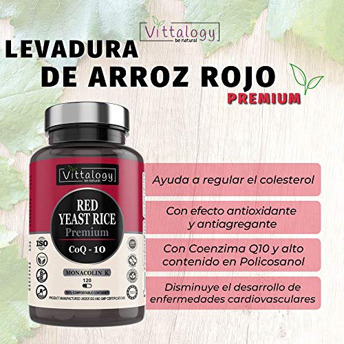 Vittalogy Red Yeast Rice Premium. Levadura de Arroz Rojo Con Coenzima Q10. Reduce el Colesterol. Alto Contenido En Monakolina K Con Extracto de Cardo Mariano, Policosanol Y Coenzima Q10. 120 Cápsulas