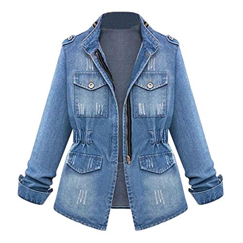 VJGOAL Mujer Chaqueta Vaquera con Cremallera Talla Grande Abrigo Otoño Invierno Moda Botones Sueltos de Manga Larga Chaqueta de Mezclilla Informal Retro de Color sólido