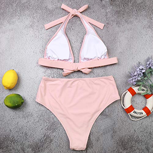 Voqeen Bikini de Cintura Alta para Mujer Conjunto de Cuello Halter Polka Dot Leaves Traje de baño con Estampado de Cuadros Traje de baño de Playa de Verano