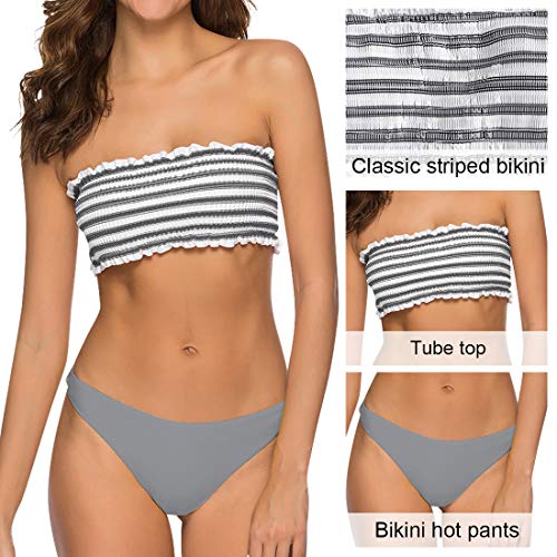 Voqeen Mujer Bikini Caliente de Volantes a Rayas Traje de baño Bandeau Top Cintura Alta Inferior