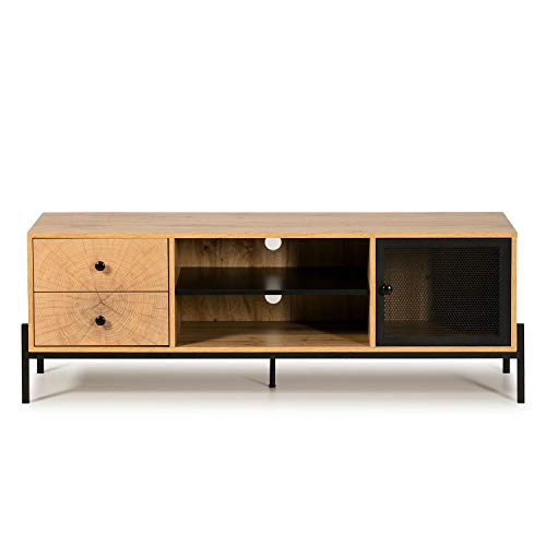 VS Venta-stock Mueble TV Ali 1 Puerta y 2 Cajones, Color Madera y Negro, Melamina y Metal, 144 cm (Largo) 40 cm (Profundo) 50 cm (Alto)