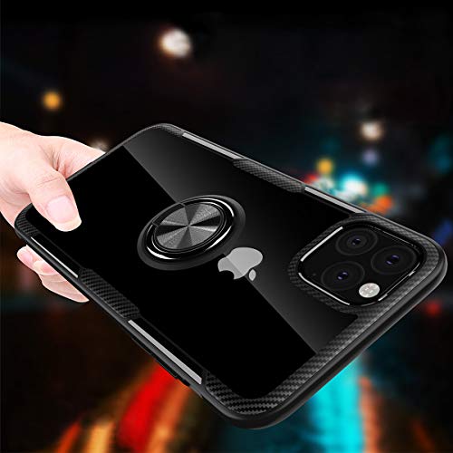 WATACHE Funda iPhone 11 Pro MAX, Funda Protectora Crystal Clear Carbon Fiber Design Armor con Soporte Agarre Anillo Dedo rotación 360 ​​Grados Kickstand para Apple iPhone 11 Pro MAX,Negro