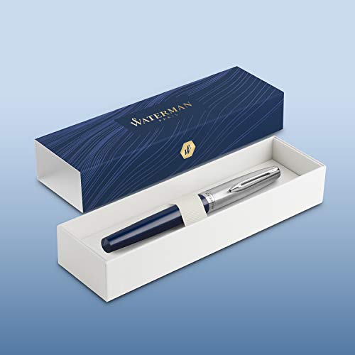 Waterman Emblème pluma estilográfica, color azul con adorno cromado, plumín medio con cartucho de tinta azul, estuche de regalo