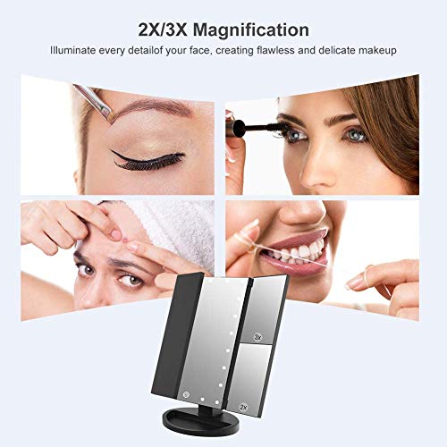 WEILY Espejo de Maquillaje de vanidad, 1x / 2X / 3X Espejo de Maquillaje de Tres Pliegues con 21 Luces LED y Pantalla táctil Ajustable Espejo Iluminado Tocador Espejos cosméticos de encimera (Negro)