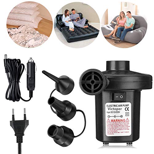 Wesho Bomba, 3 Boquillas Portátil Hinchador Eléctrico Inflador/Deflador para Colchones de Aire, 12V Cable de conexión del Coche Botes Inflables, DC12V/AC220V, Unisex-Adult, 13X13X11.5CM