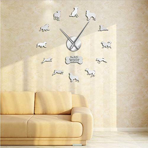 wffmx Aussie Australian Shepherd Dog Acrílico Espejo Pegatinas Decoración DIY Gran Reloj De Pared Perro Pastor Australiano Sin Marco Reloj De Pared Grande-27Inch