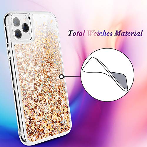 wlooo Funda para iPhone 11 Pro MAX, iPhone 11 Pro MAX Funda, Glitter liquida Cristal Silicona Bling Protector TPU Bumper Niñas Mujeres Case Brillante Arena Movediza Carcasa (Oro Plata)