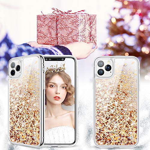 wlooo Funda para iPhone 11 Pro MAX, iPhone 11 Pro MAX Funda, Glitter liquida Cristal Silicona Bling Protector TPU Bumper Niñas Mujeres Case Brillante Arena Movediza Carcasa (Oro Plata)