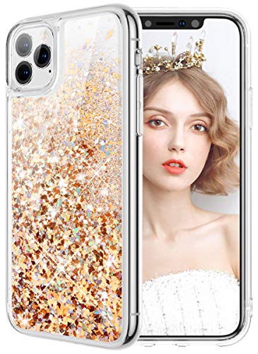 wlooo Funda para iPhone 11 Pro MAX, iPhone 11 Pro MAX Funda, Glitter liquida Cristal Silicona Bling Protector TPU Bumper Niñas Mujeres Case Brillante Arena Movediza Carcasa (Oro Plata)