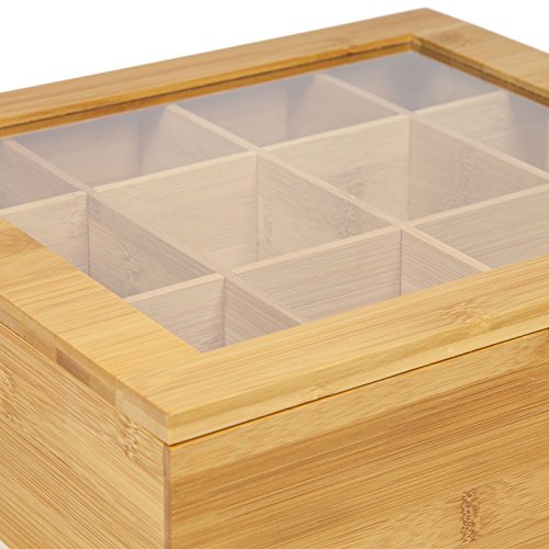 WoodLuv. Caja organizadora de bolsas de té con un almacenaje de 12 compartimentos - Hecho de bambú sostenible