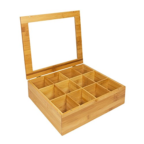 WoodLuv. Caja organizadora de bolsas de té con un almacenaje de 12 compartimentos - Hecho de bambú sostenible