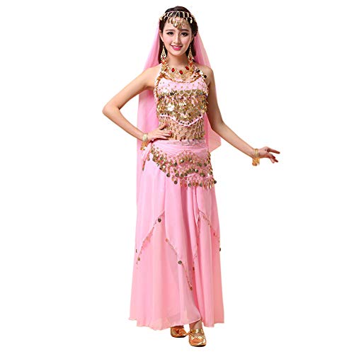 Xinvivion 4 Piezas Mujer Señoras Danza del Vientre Profesional Conjunto de Vestuario Danza India Rendimiento Outfit Traje (Rosa,Ajuste 35-45 KG)