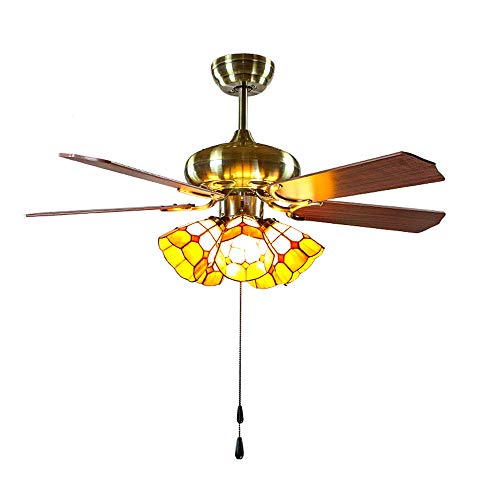 XMAGG Ventilador de Techo con Luz, 4 Aspas de Madera y 3 Velocidades, Silencioso, 106 cm de Diámetro, 4 E27 Tiffany Pantalla de Cristal, Interruptor de Cordón