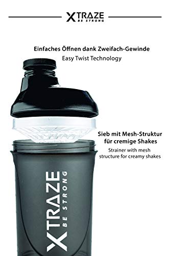 XTRAZE® Botella Mezcladora de Proteínas de 500 ml, Compartimiento para Polvo de 150 ml, Shaker sin BPA, Vaso de Ejercicios a Prueba de Derrames con Balanza, Tamiz para Batidos de Proteina sin Grumos