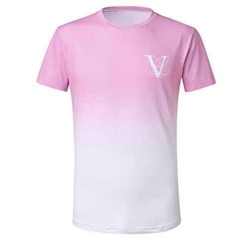 XuanhaFU Camisetas de Manga Corta Hombre,Gradiente de Hombres de Moda de Cuello Redondo Elíptico Hem Elastic Casual Fitness Camiseta de Manga Corta Top (Rosa,M)