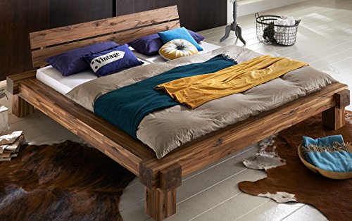 XXS® Elke - Cama de viga de 180 x 200 cm en color marrón cálido, cama de diseño natural, pieza única por corteza de viento, aspecto de roble de viga de madera de acacia para su dormitorio