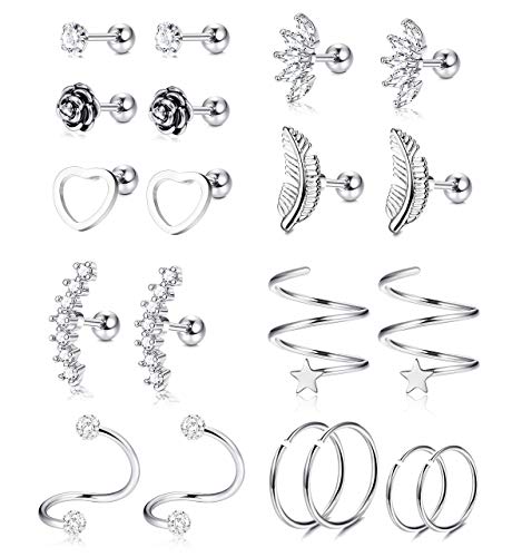 YADOCA 10 Pares 16G Pendientes de Cartílago de Oreja de Acero Inoxidable Tragus Helix Barbell Corazón Flor Pendientes de aro de plumas Cubic Zirconia Con incrustaciones de cartílago Stud para hombres